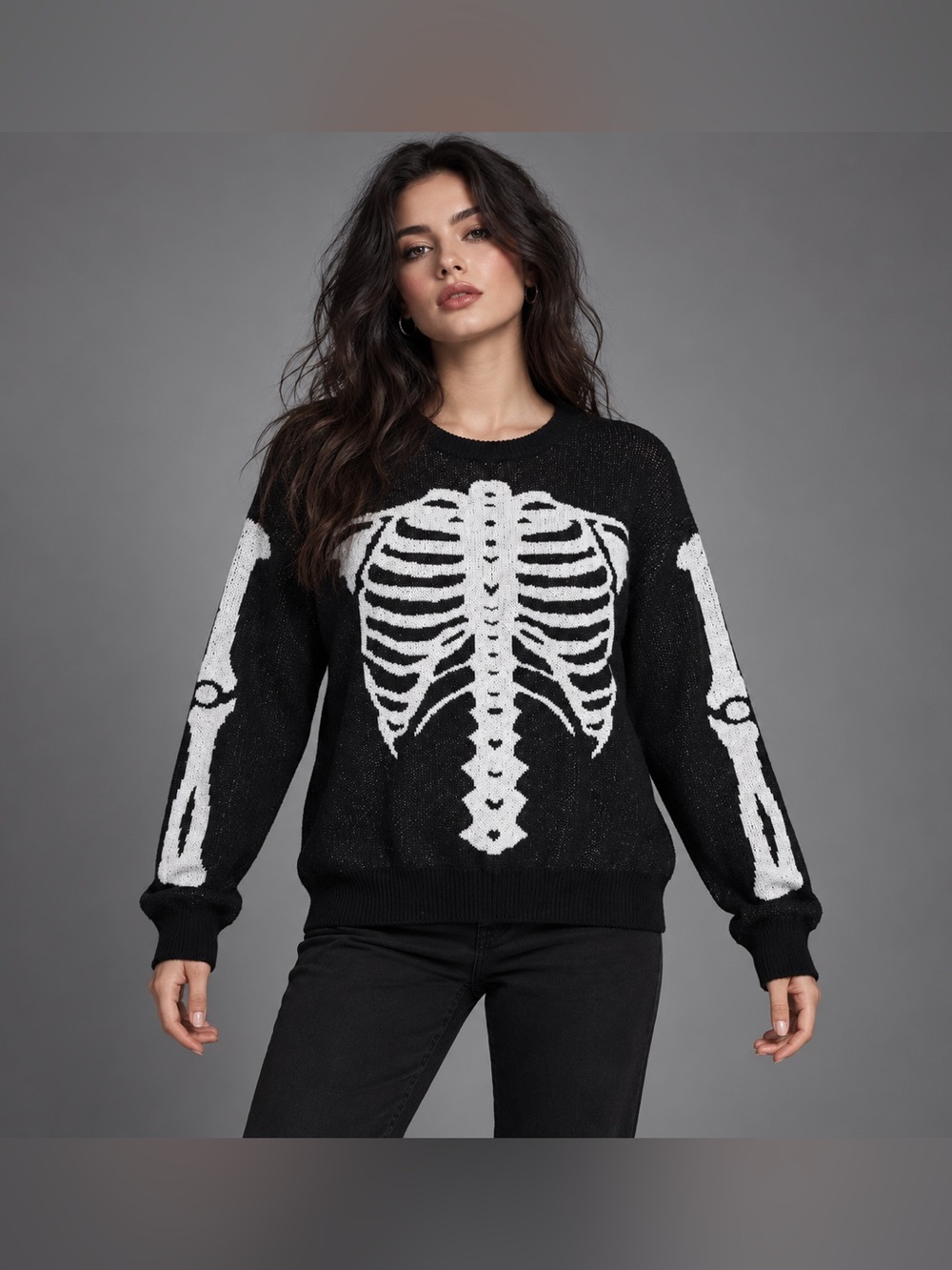 Skeleton Rib Cage Graphic Black Knit Halloween Sweater Size XL New